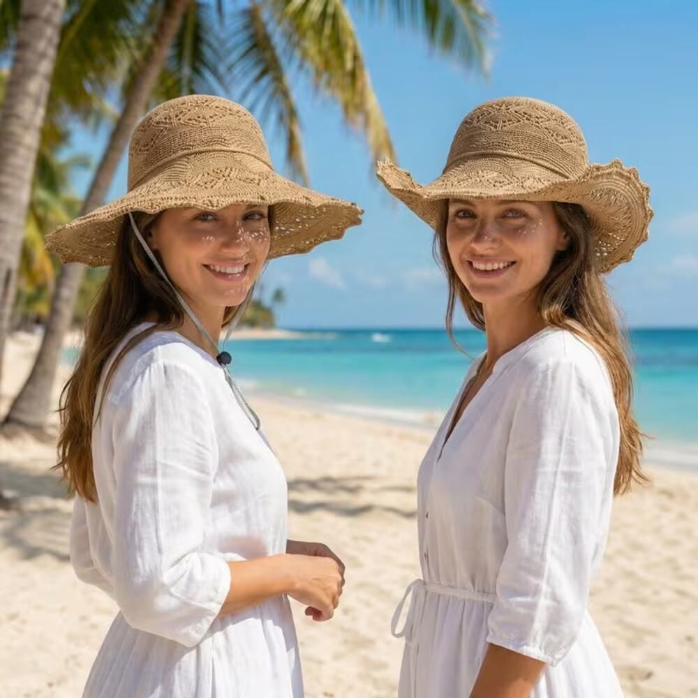 New Bohemian Wide Brim Hat, Windproof Chin Strap Sun Hat Beach Vacation New - Picture 2 of 3